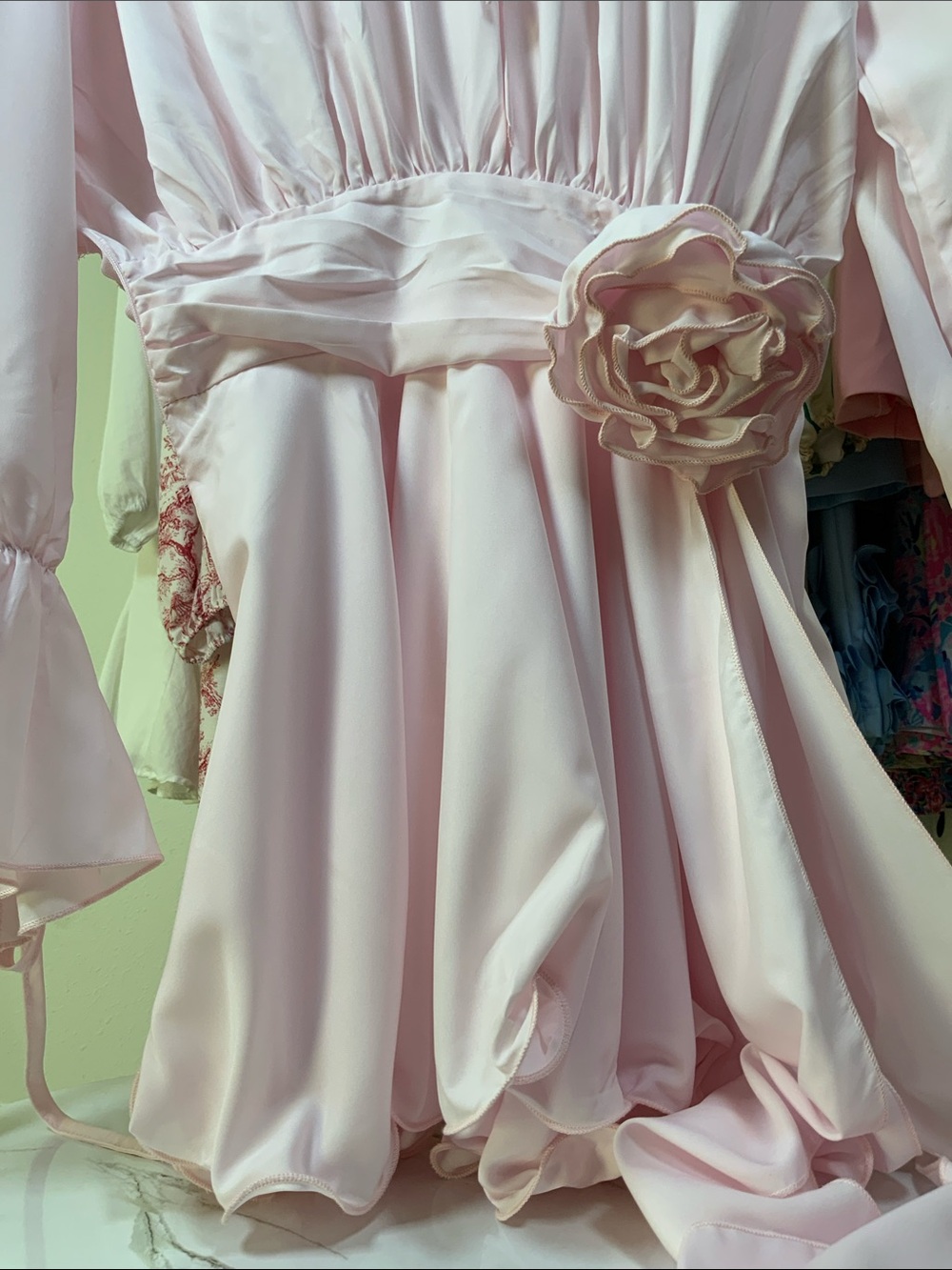 Women's Light Pink Peasant Blouse with Waist Flower - Picture 5 of 15